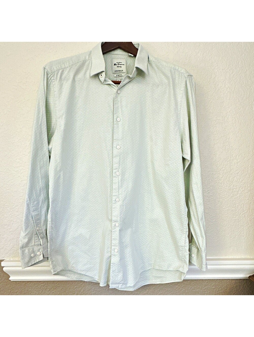Ben Sherman Mens 17 32/33 Skinny Fit Dress Shirt Sage Green White Stripe Stretch